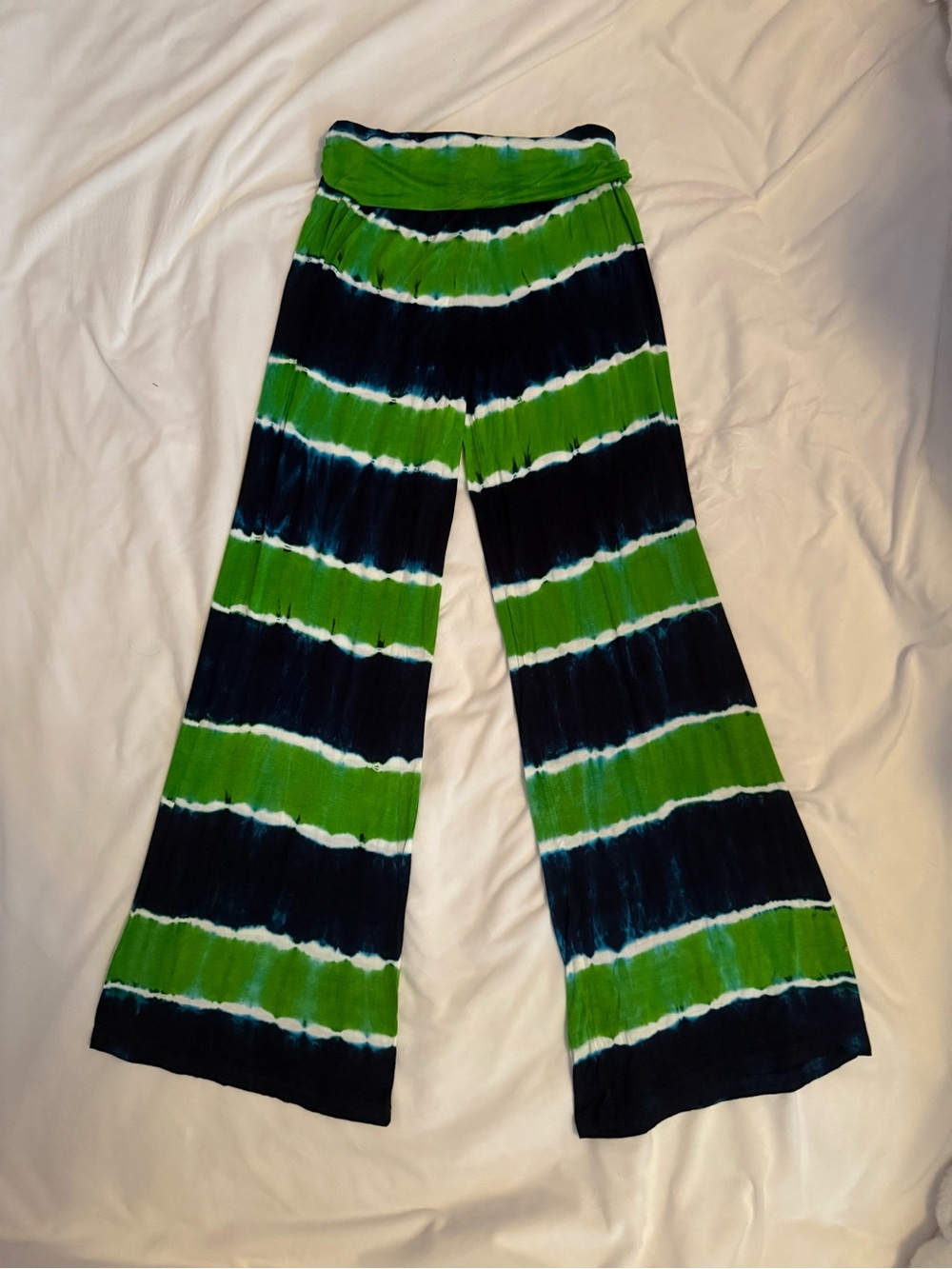Tie-Dye Wide Leg Pants With Green, White and Navy Stripes